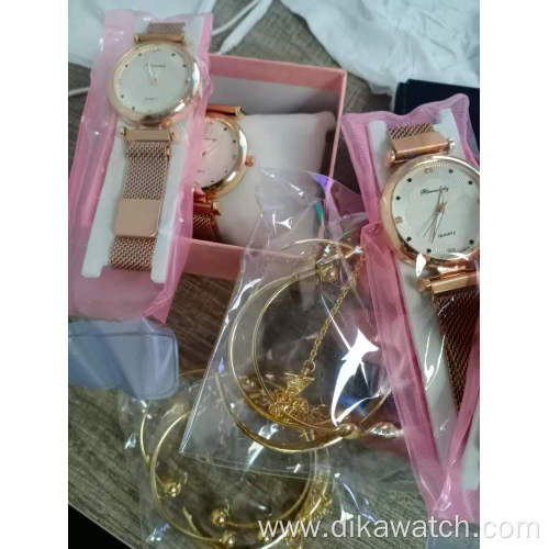 5 pcs Fashion Women Watch Gift Set Fine Rose Gold Bracelet Quartz Watch Sets For Girls Casual Stainless Steel Mesh Wristwatch